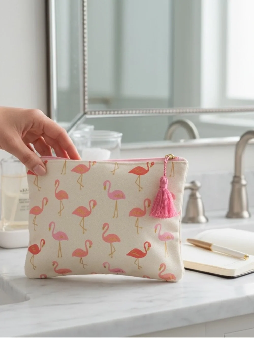 Flamingo Print Cosmetic Bag with Pink Tassel